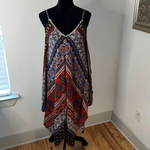 Philigree Handkerchief patchwork print V neck spaghetti straps Hobo dress Sz M
